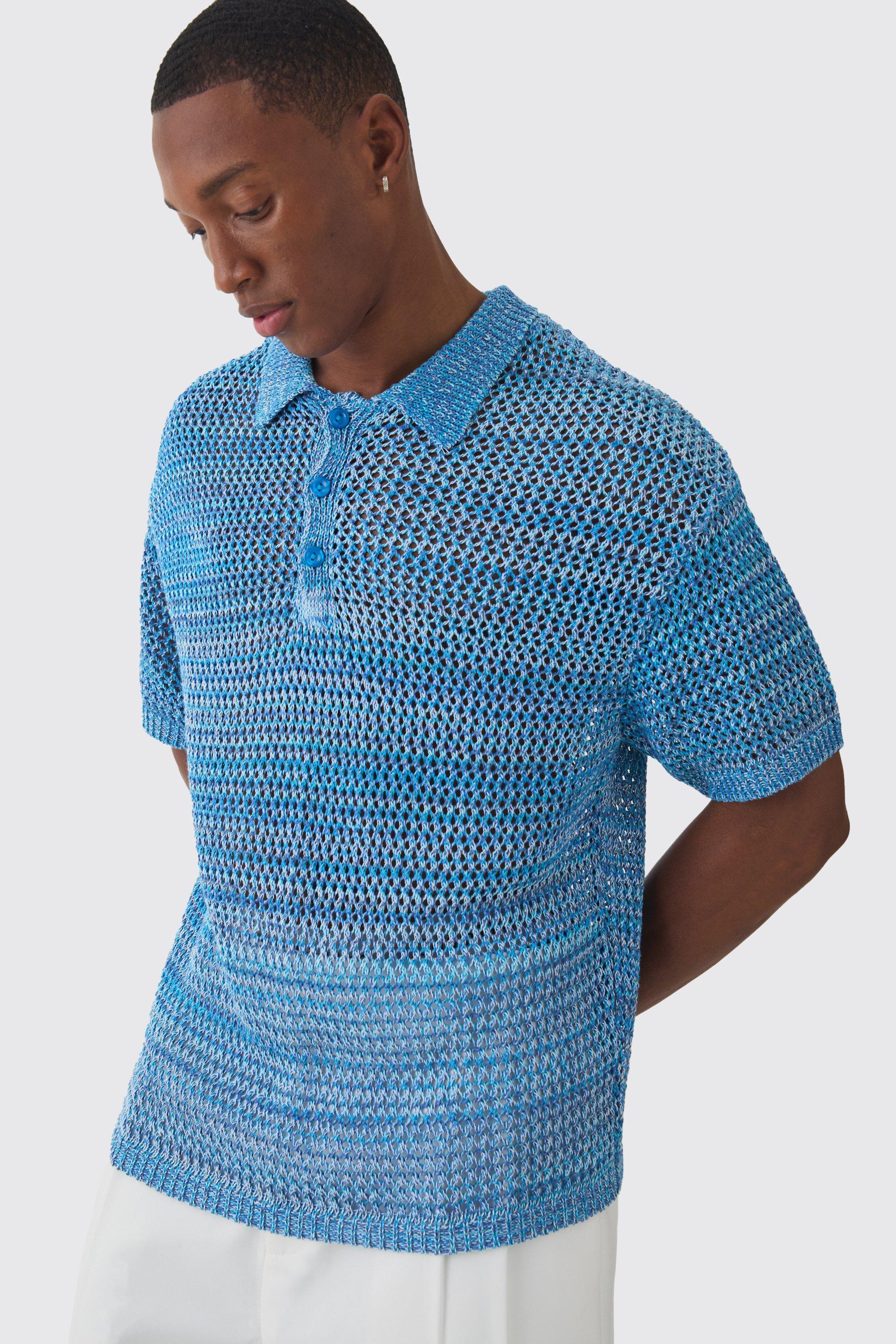 Oversized Boxy Ombre Open Stitch Polo | boohooMAN USA